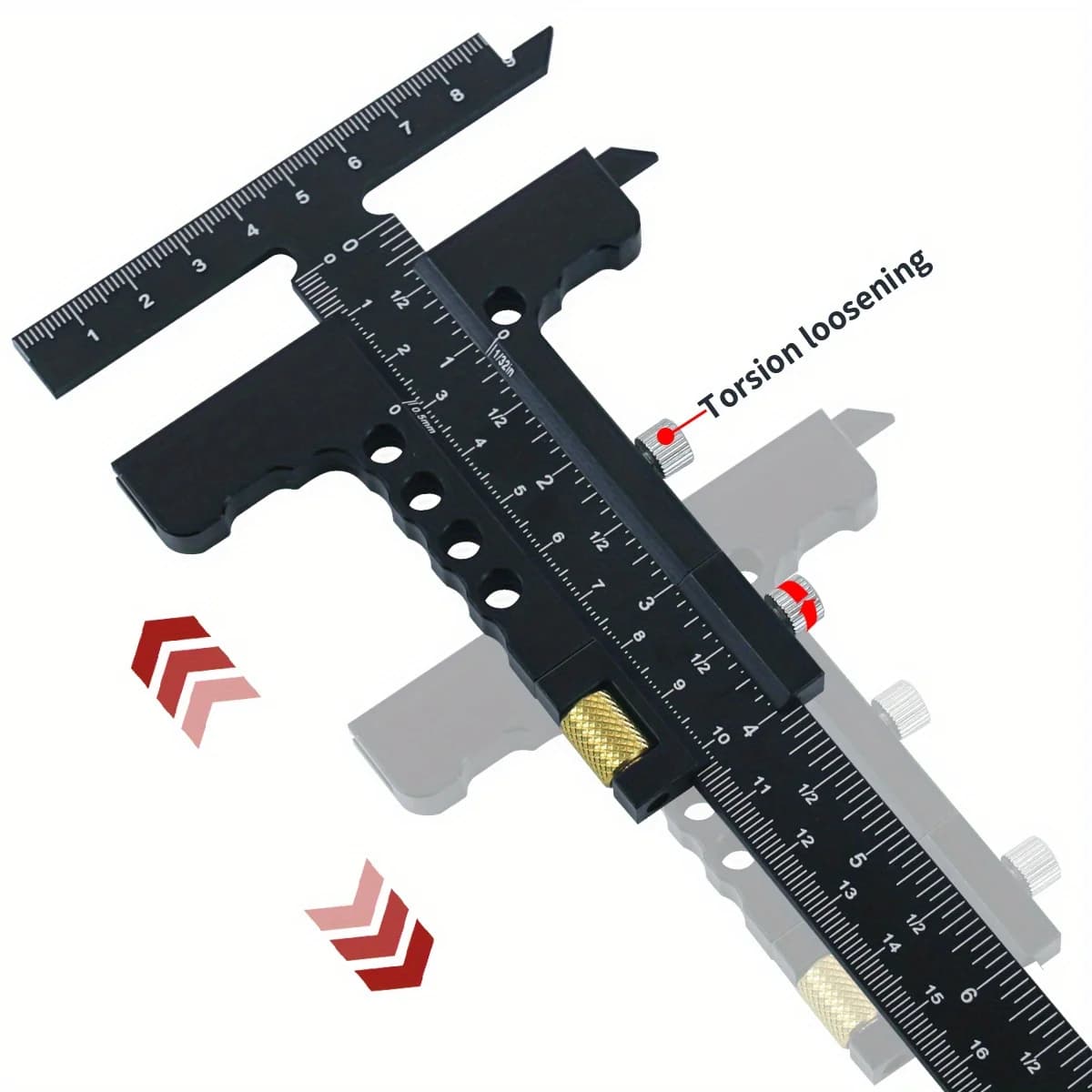 Justerbart skyde-måleinstrument i aluminium med T-lineal