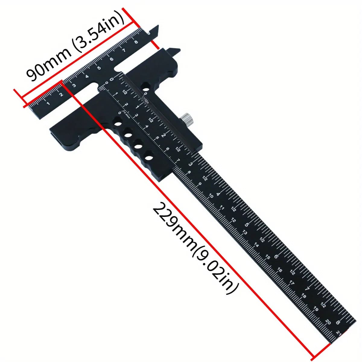 Justerbart skyde-måleinstrument i aluminium med T-lineal